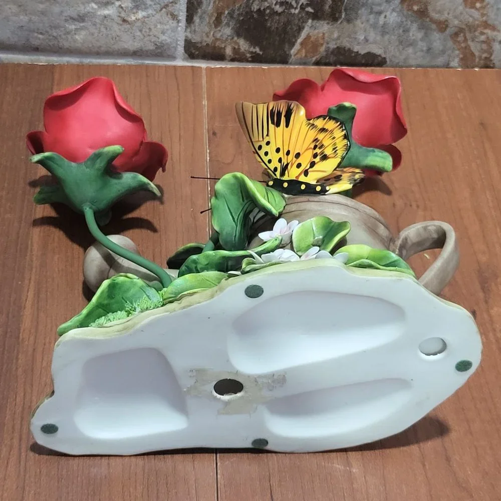 Butterfly and Roses Watering Can Planter Figurine Decor